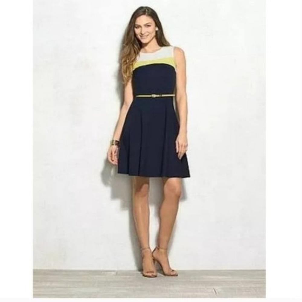 Dressbarn Colorblock Dress Women  6 Navy Blue‎ White Lime Fit Flare Preppy Mod